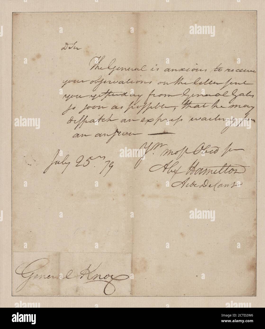 Brief an General Henry Knox, Text, Dokumente, 1779, Hamilton, Alexander, 1757-1804 Stockfoto