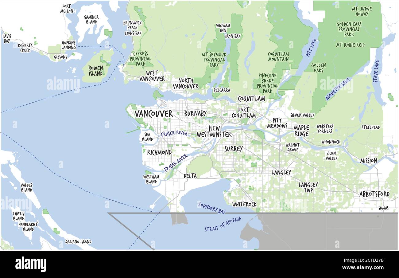 Greater Vancouver Karte und Gemeinden, British Columbia, Kanada. Touristenkarte oder Reiseführer von Metro Vancouver BC. Hellblau und grün Thema. Stock Vektor