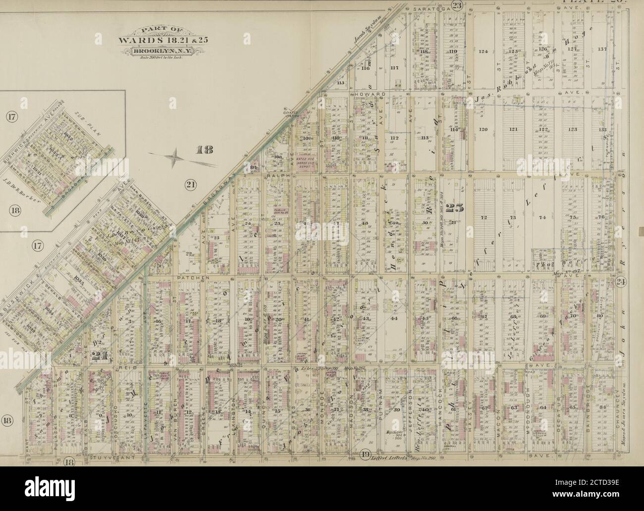 Platte 20: Begrenzt durch Saratoga Avenue, Chauncey Street, Stuyvesant Avenue, Hart Street, Lawton Street, Van Buren Street und Broadway. (Einschließlich Unterplan von Bushwick Ave. - Lawton St. - Broadway - Myrtle St.), kartografisch, Karten, 1886, Robinson, E. (Elisha), Pidgeon, R. H. (Roger H. Stockfoto