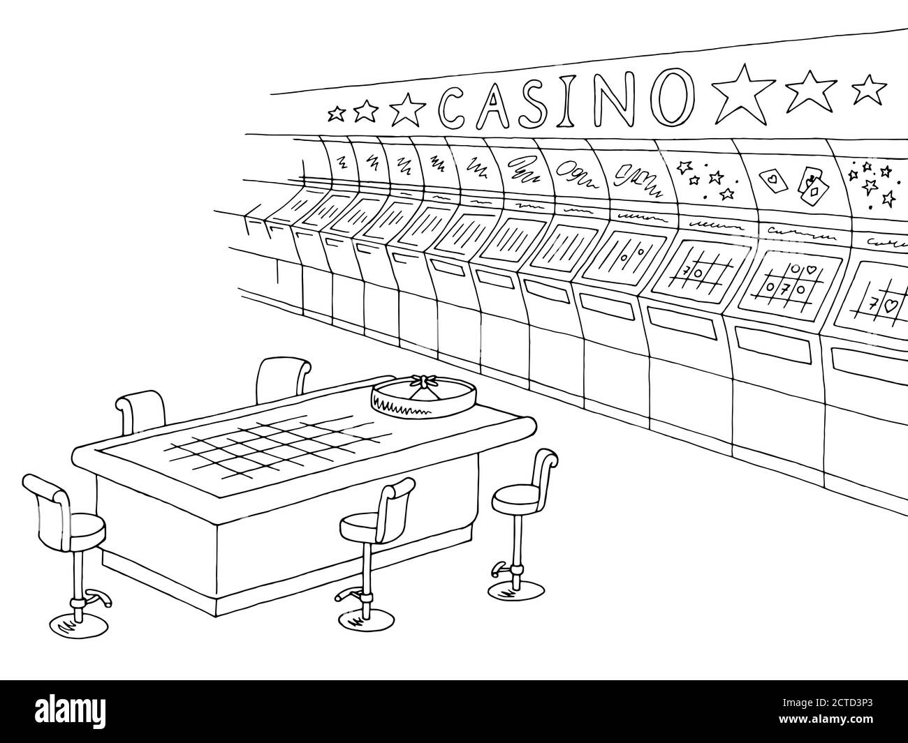 Casino Grafik schwarz weiß Innenraum Skizze Illustration Vektor Stock Vektor