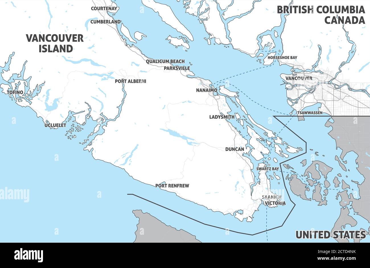 Karte von Vancouver Island (Nanaimo, Victoria, Tofino) und Greater Vancouver. Kanada, British Columbia. Einfache Karte mit optimierten Formen. Stock Vektor