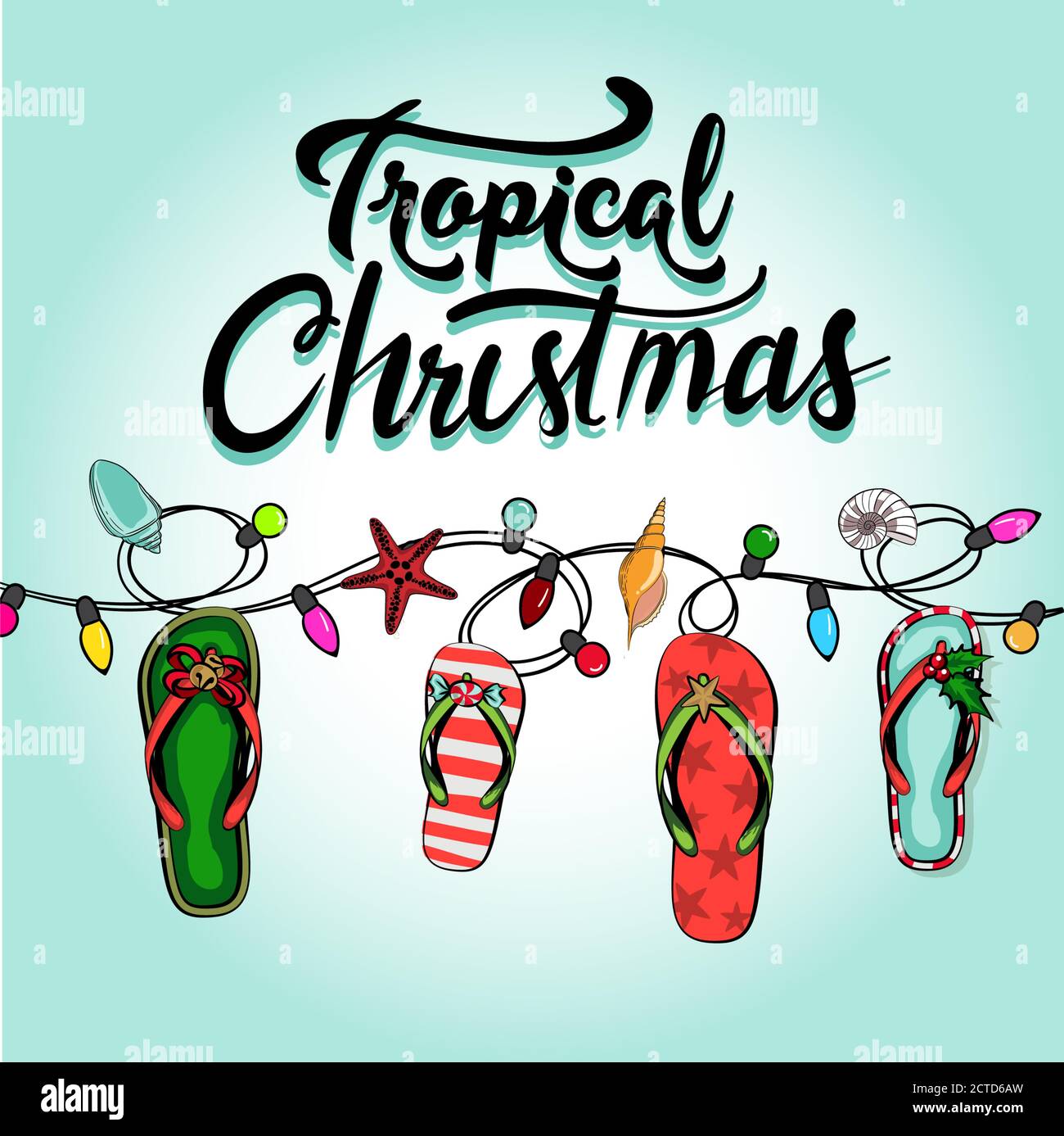 frohe weihnachten und ein glückliches neues Jahr in einem warmen Klima-Design tropische Weihnachten, Urlaub Grußkarte mit Weihnachtsstil Sandalen am Strand Stock Vektor