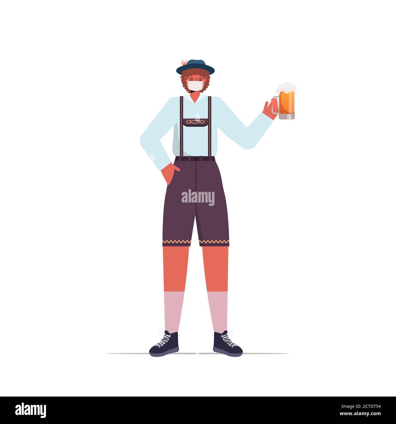 Mann in medizinische Maske hält Bierkrug Oktoberfest Party Feier Coronavirus Quarantäne Konzept Kerl in deutscher traditioneller Kleidung voller Länge vektorgrafik Stock Vektor