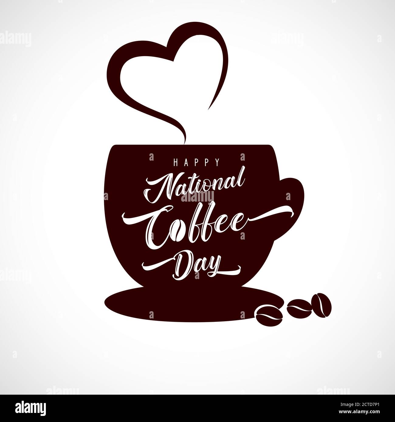 Vektor-Illustration von Happy International oder National Coffee Day mit Handschriftzug. Espresso Kaffeetasse mit Aroma Herz für Grußkarte, Poster Stock Vektor