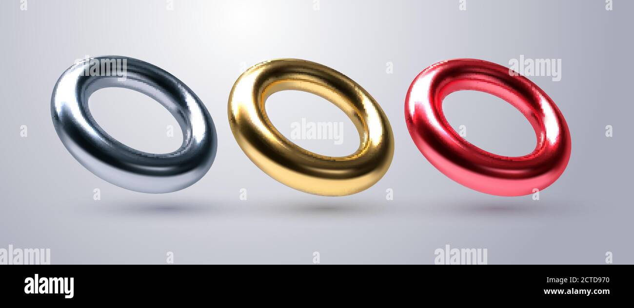 Realistische Torusformen. Geometrische Vektordarstellung. 3d mehrfarbige Metallic Ringe Kollektion. Geometrische Grundelemente. Dekorationselemente für Minima Stock Vektor