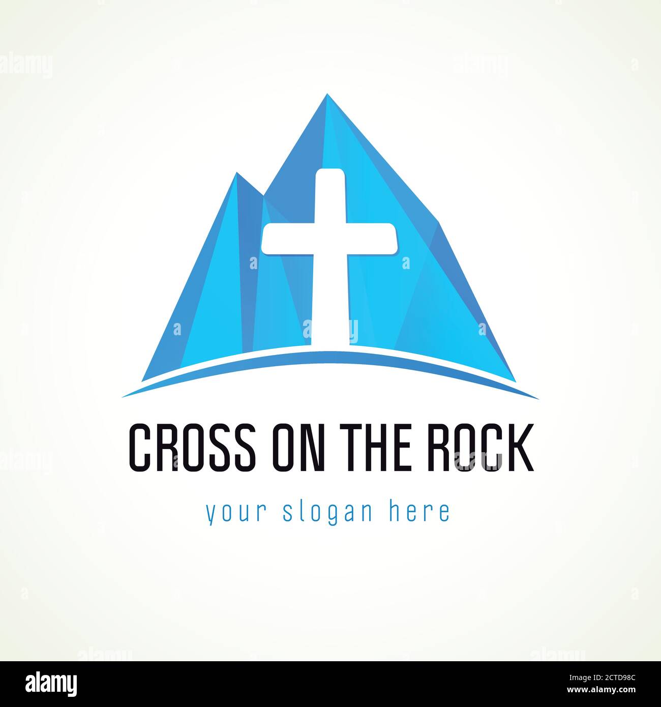 Kirche in Bergen Vektor-Logo. Kreuz und blauen Felsen Zeichen. Symbol der christlichen Mission. Ice Mountain Buntglas Ikone. Abstraktes, isoliertes Grafikdesign Stock Vektor