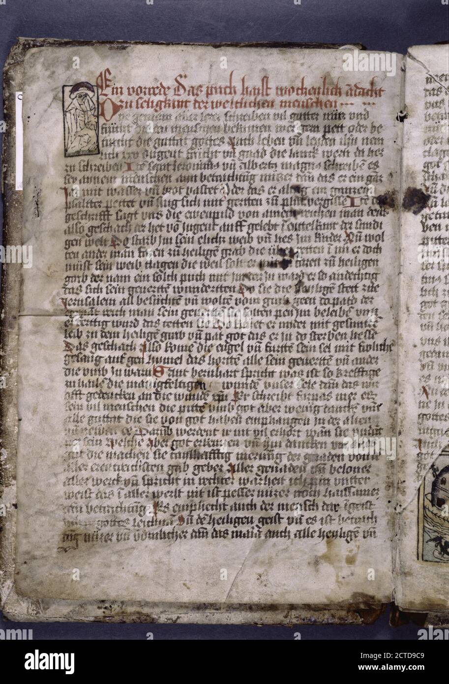 Incipit von Text in Hand 1, Rubrik mit verlängerten Oberseiten, Initialen, Platzarkern. Holzschnitt des heiligen Hieronymus und des Löwen., Standbild, religiöse Bücher, 1401 - 1500 Stockfoto