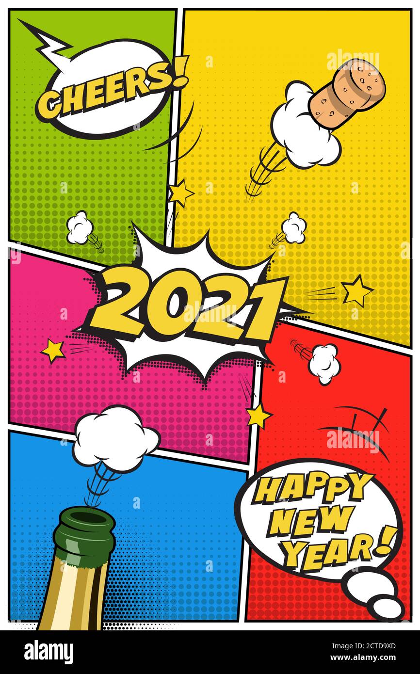 2021 Vorlage für vertikale Postkarte oder Grußkarte für Neujahr. Vector festliches Retro-Design im Comic-Stil mit Champagner-Flasche und fliegenden Korken. Stock Vektor