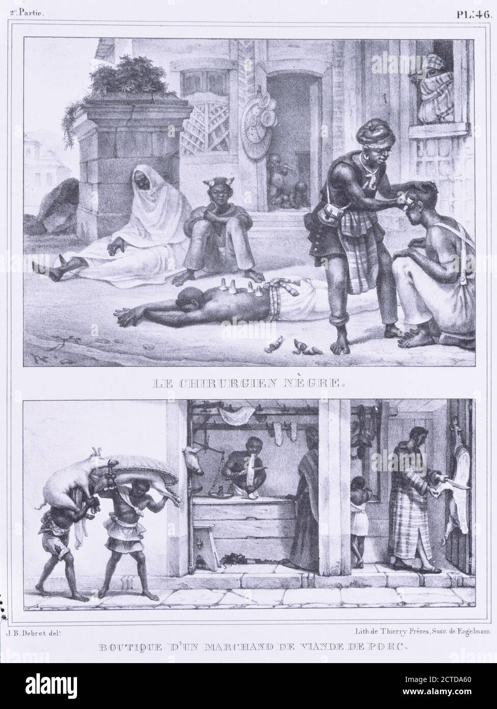 Le Chirurgien Nègre (oben) und Boutique d' un; und Marchand de Viande de Porc (unten)., Standbild, Drucke, 1834 - 1839, Debret, Jean Baptiste (1768-1848 Stockfoto