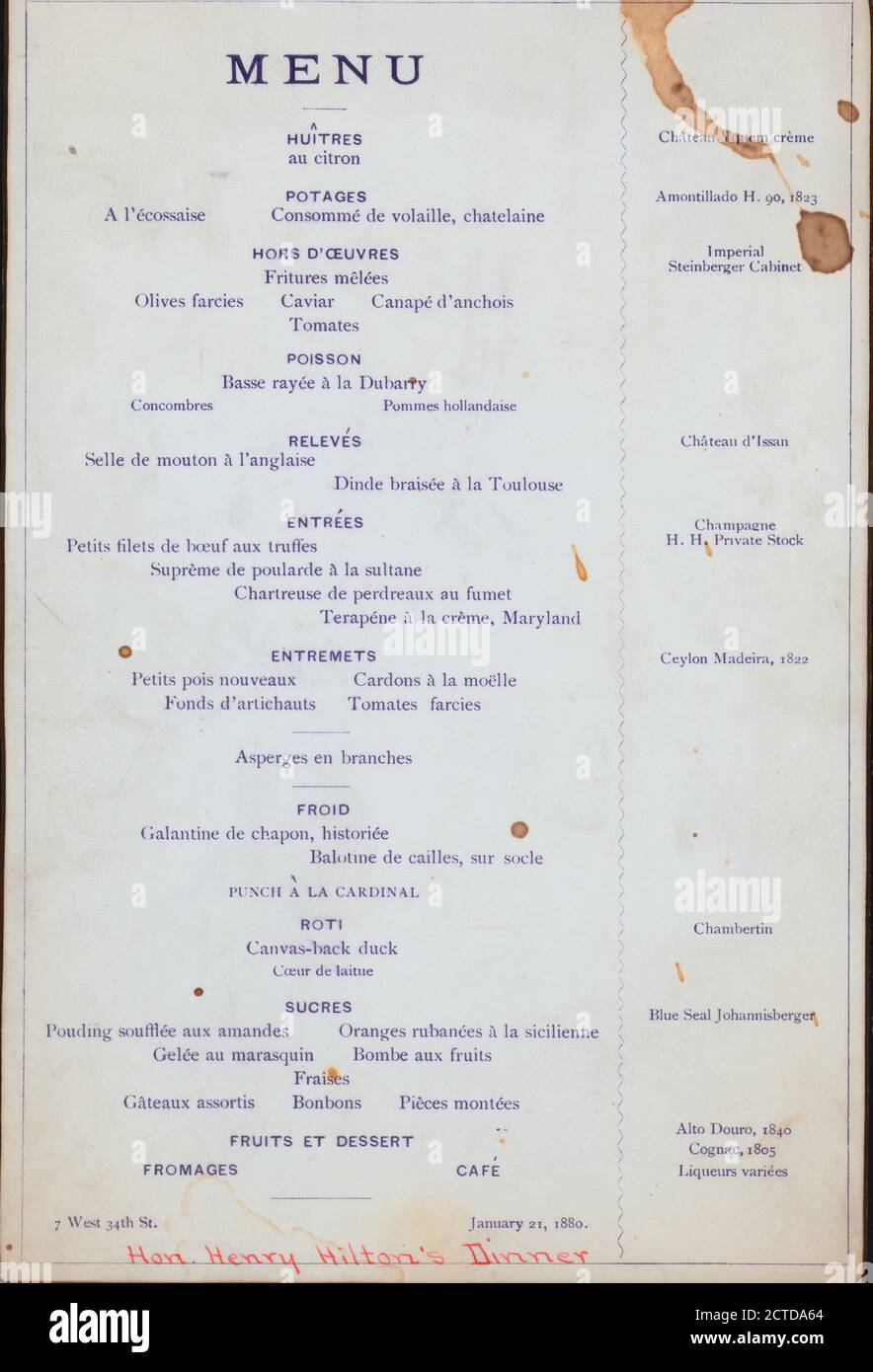 ABENDESSEN VON ODER FÜR HENRY HILTON, privat im '7 WEST 34 ST.NEW YORK, NY', Standbild, Menüs, 1880 Stockfoto