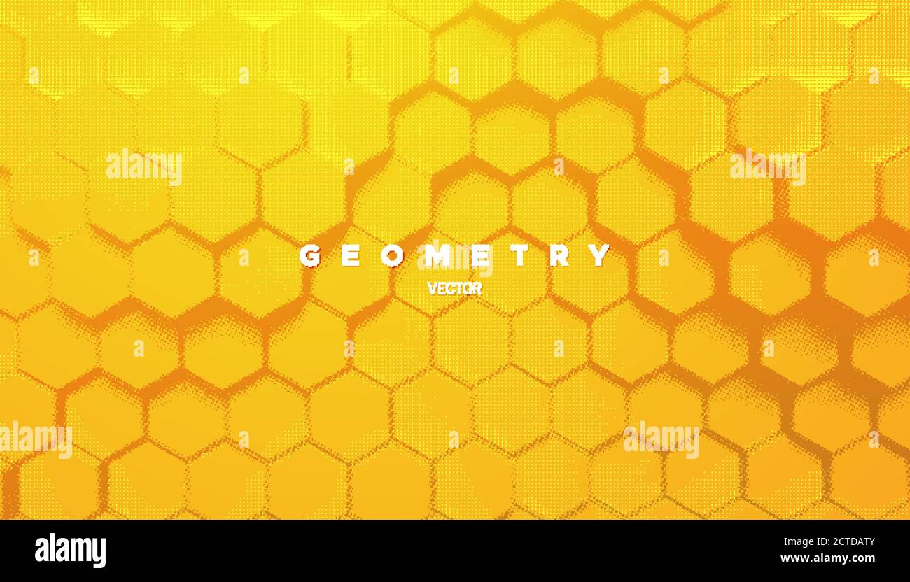 Abstrakter gelber geometrischer Hintergrund. Vektorgrafik minimal. Hell Gradient hex Formen strukturiert mit Halbtonmuster. Kreatives Cover-Design. A Stock Vektor