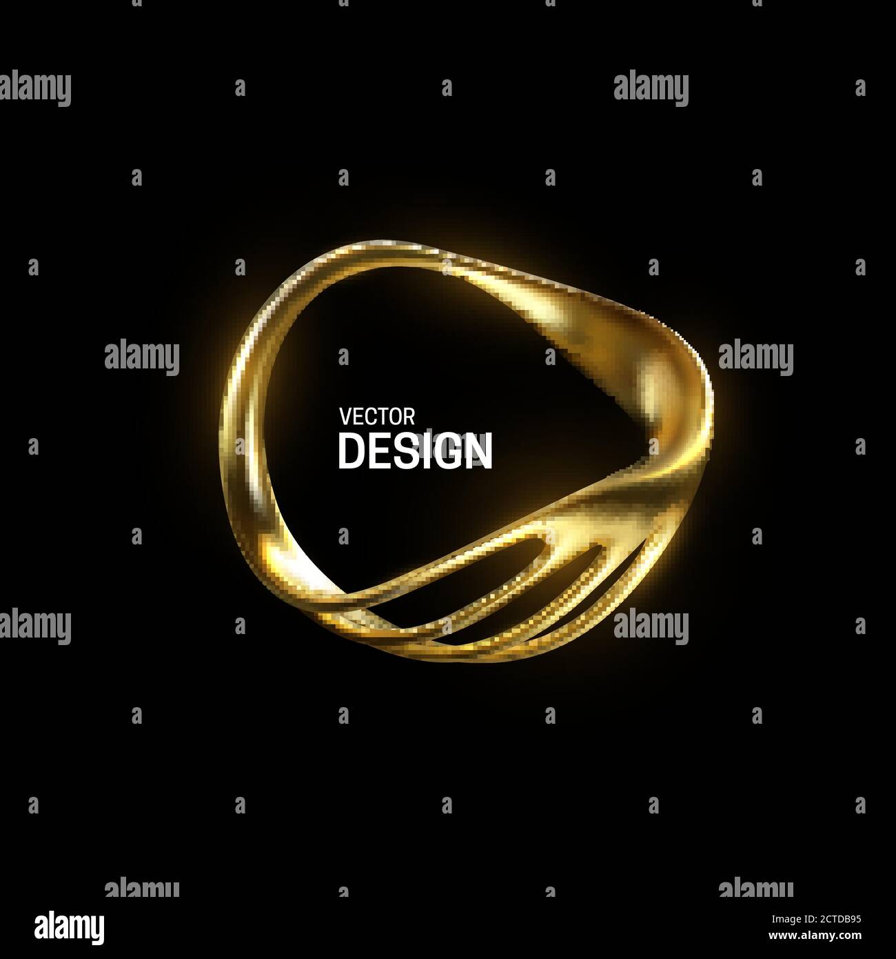 Abstrakte goldene organische Form. Vektor-3d-Illustration. Glänzend eleganter Ring auf schwarzem Hintergrund isoliert. Schmuckkonzept. Glänzendes Rahmendesign. Realisti Stock Vektor