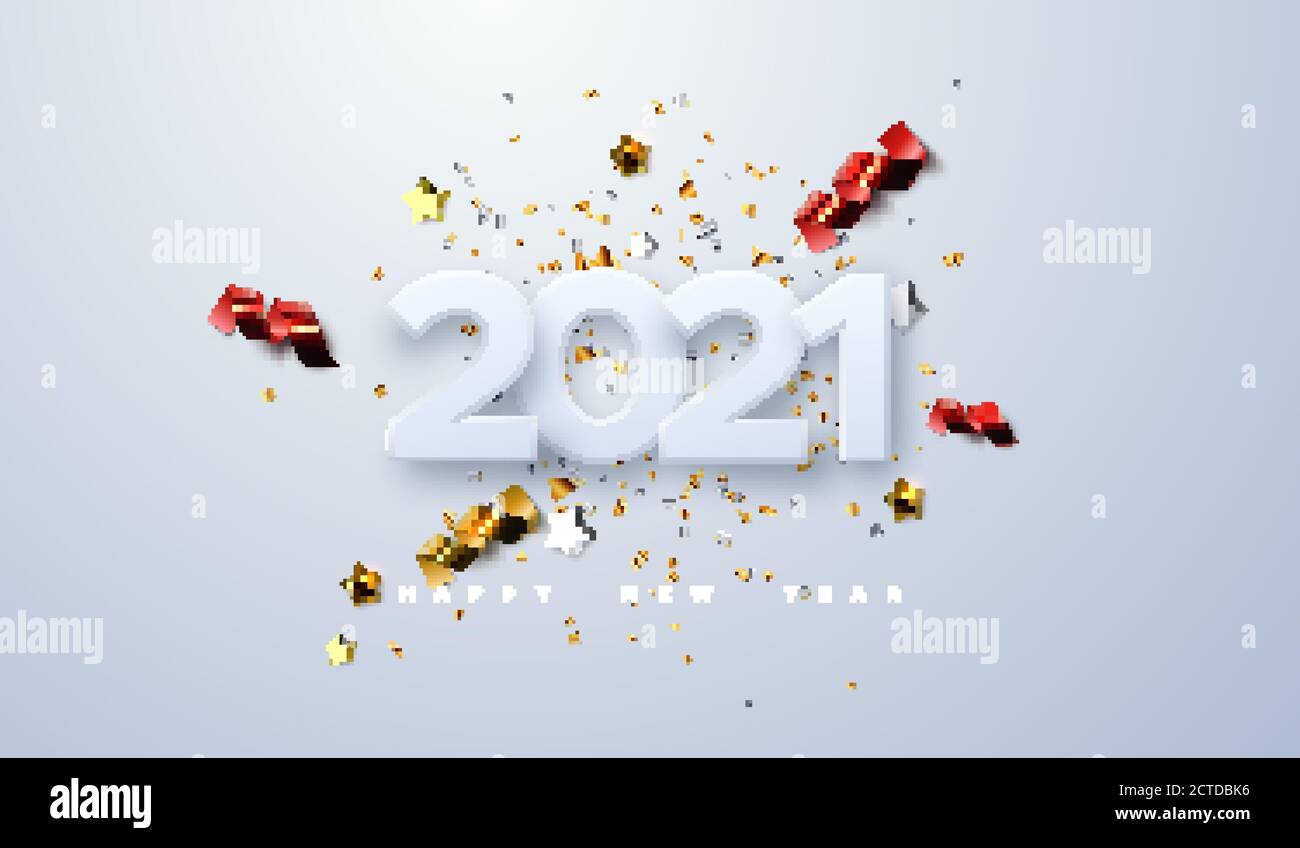 Frohes Neues Jahr 2021. Vektor Urlaub Illustration von Papier schneiden Zahlen mit funkelnden Konfetti Partikel, goldene Sterne und Streamer. Verbot festlicher Veranstaltungen Stock Vektor