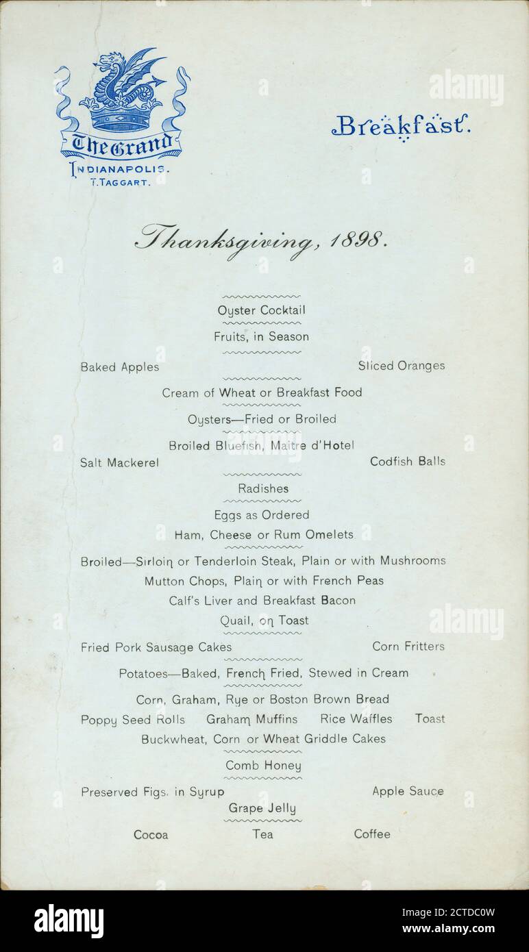 THANKSGIVING DAY FRÜHSTÜCK im GRAND HOTEL in INDIANAPOLIS (HOTEL;), Standbild, Menus, 1898 Stockfoto