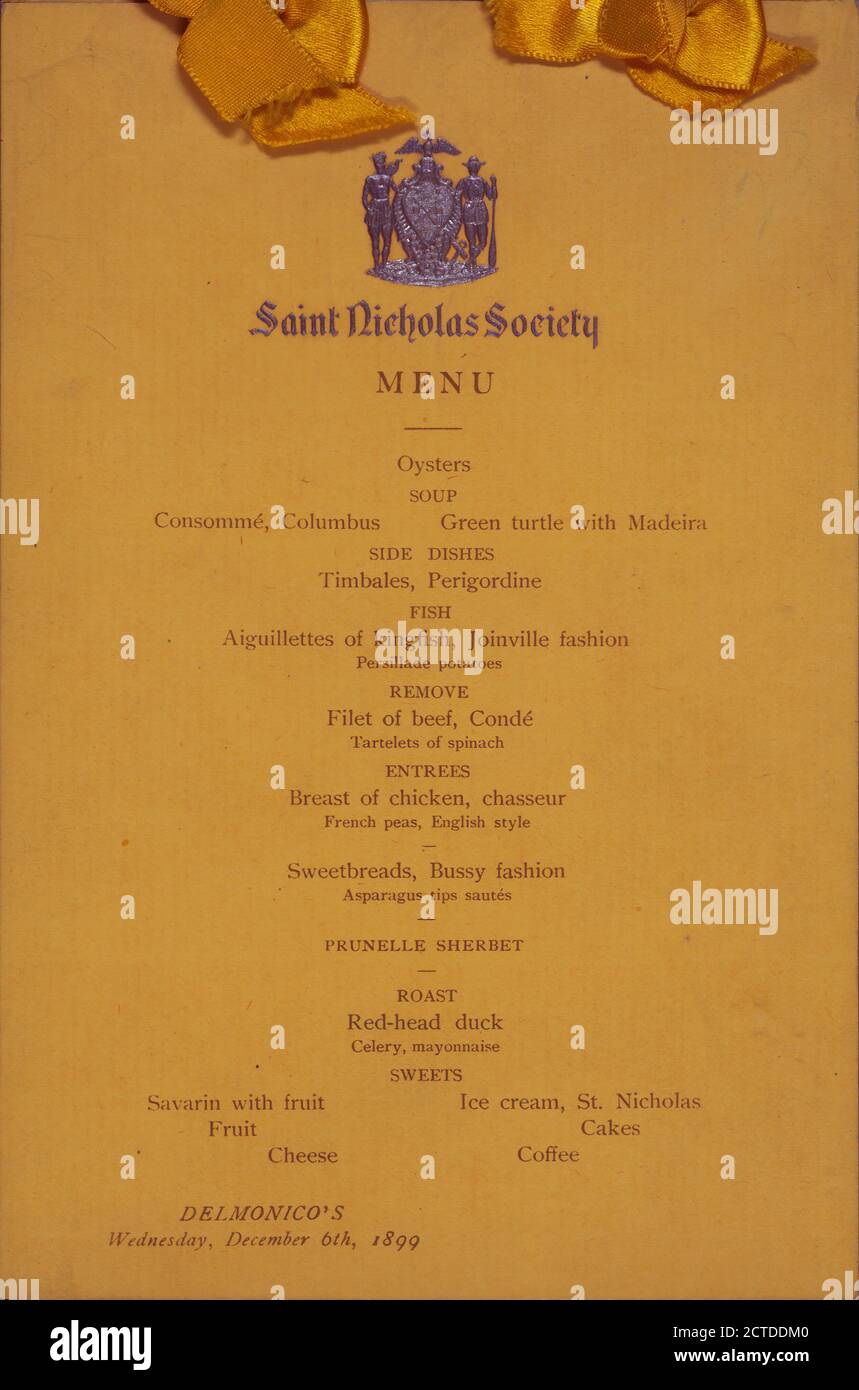 ABENDESSEN der GESELLSCHAFT SAINT NICHOLAS im 'Delmonnico'S, NEW YORK, NY' (HOTEL;), Standbild, Menus, 1899 Stockfoto
