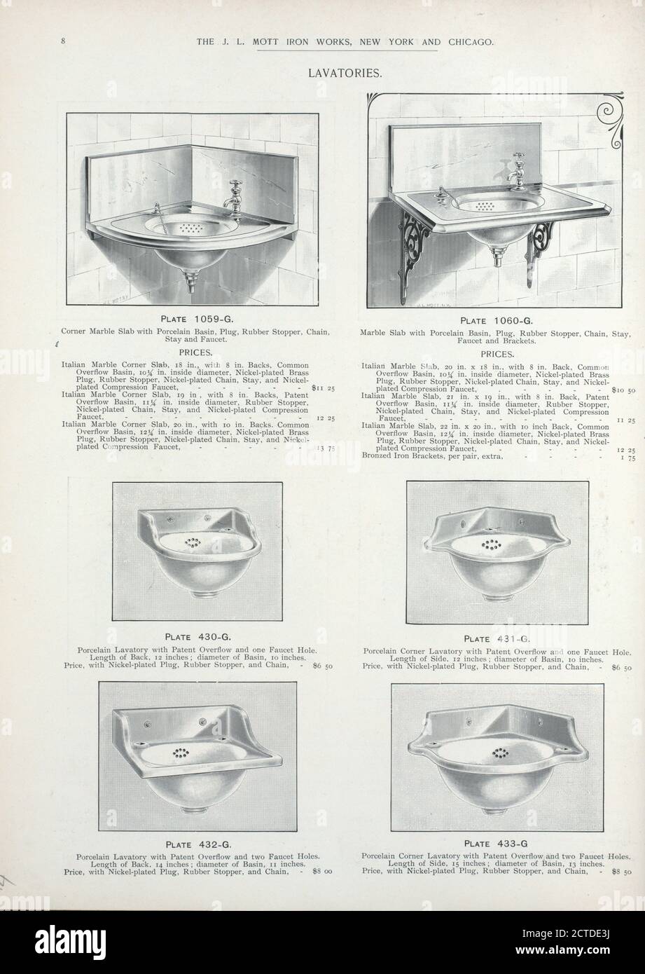 Porzellanbecken und Toiletten. Platte 1059-G, Platte 1060-G, Platte 430-G -- Platte 433-G., Text, Abbildungen, 1877 - 1893 Stockfoto