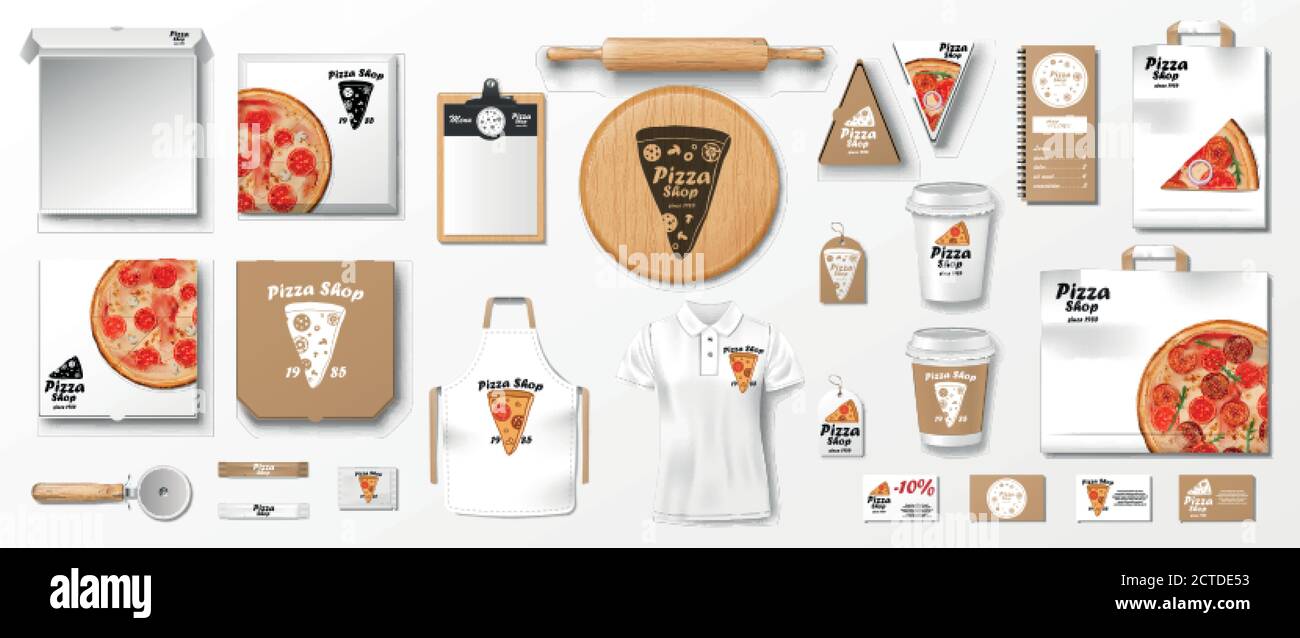 Mockup Set für Pizzeria, Café oder Restaurant. Realistische Branding-Set von Plakat, Pizza-Slice-Box, Uniform, Karton-Paket. Pizza Mockup Elemente Stock Vektor