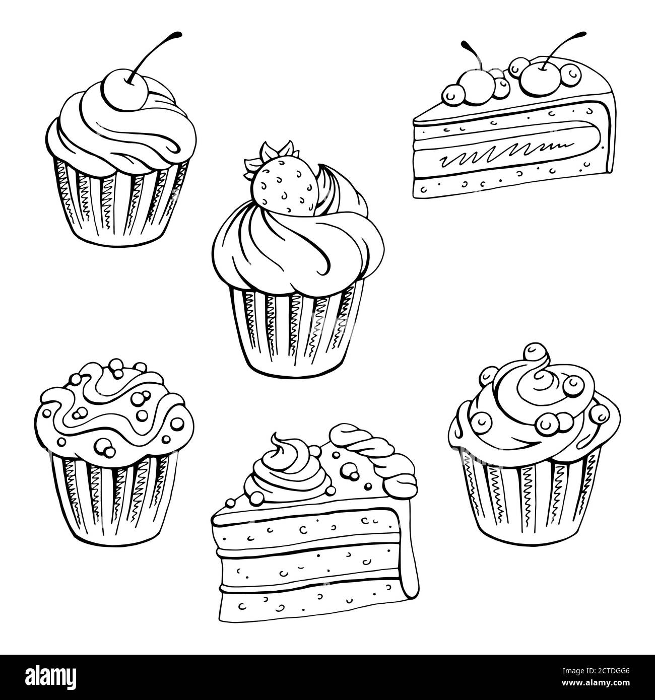 Muffin Dessert Grafik schwarz weiß isoliert Set Skizze Illustration ...