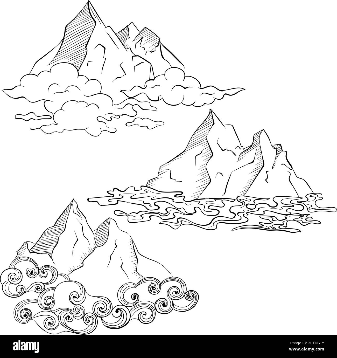 Setzen Sie Berggipfel in den Wolken. Handgezeichnete Skizzenlandschaft mit Hügeln und Wolken. Vektorgrafik isoliert auf weißem Hintergrund. Design-Element für Logo, Poster, Karte, Emblem. Stock Vektor