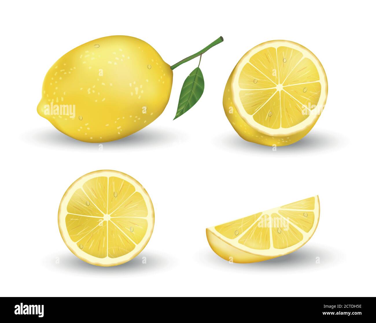 Realistisches Set aus Zitronen-Elementen. Frische gelbe Zitrone isoliert auf weißem Hintergrund mit grünen Blättern. Vektor-3d-Illustration Stock Vektor