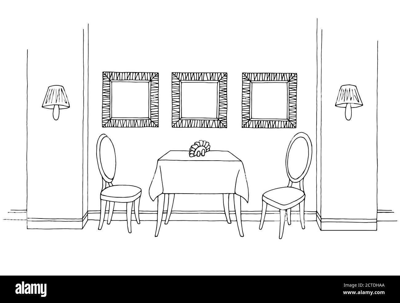 Restaurant Grafik schwarz weiß Interieur Skizze Illustration Vektor Stock Vektor