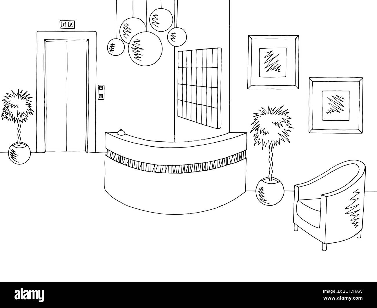 Rezeption Lobby Innengrafik schwarz weiß Skizze Illustration Vektor Stock Vektor