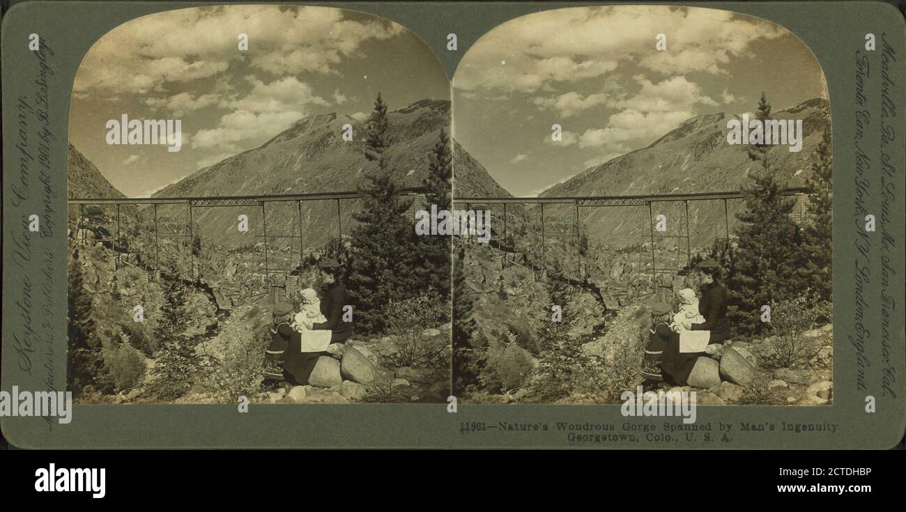 Die wundersame Schlucht der Natur, die vom Einfallsreichtum des Menschen überspannt wird, Georgetown, Colorado, USA, Standbild, Stereographen, 1850 - 1930 Stockfoto