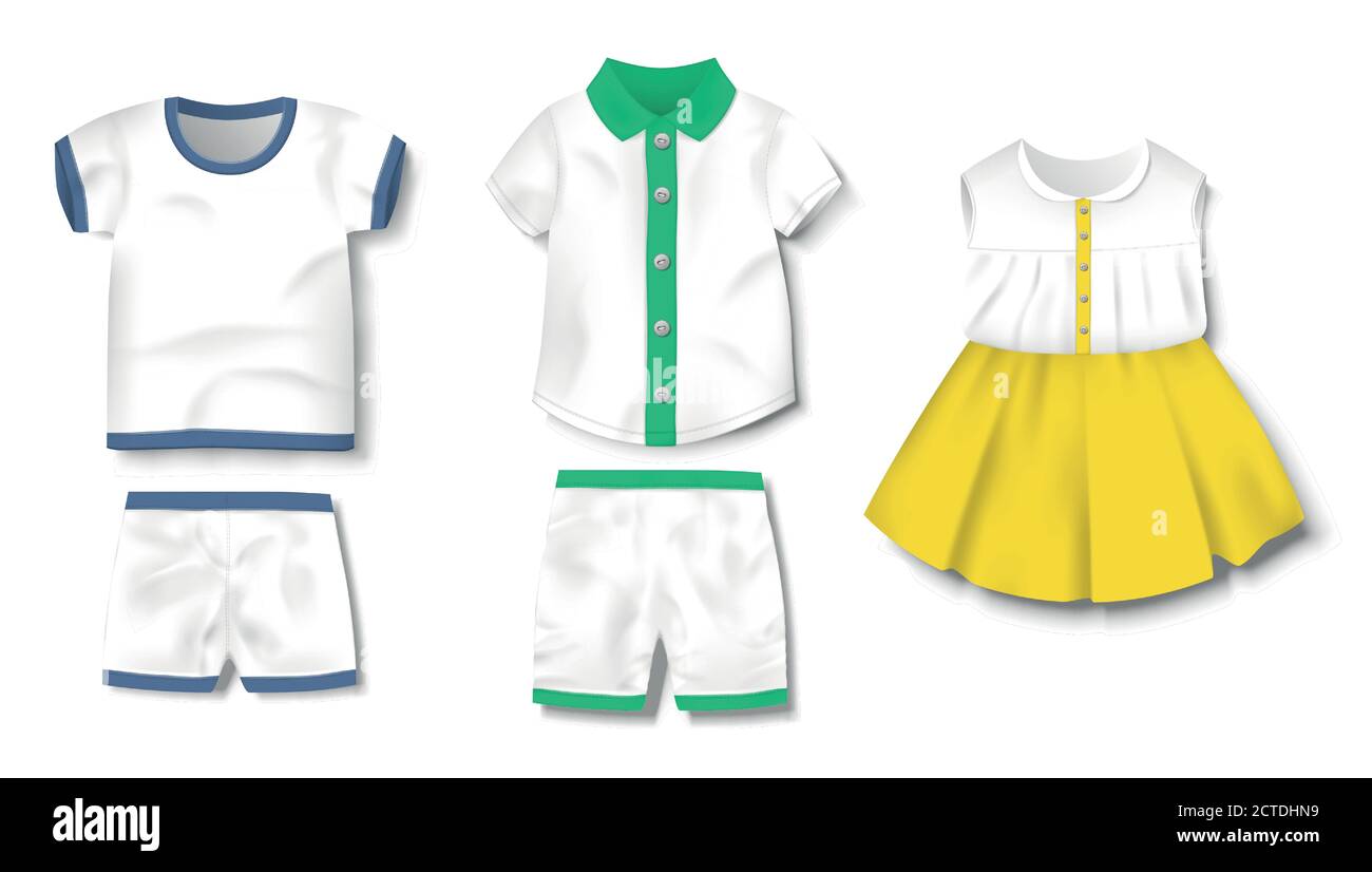 Realistische Baby Body, Hemd, Hose, Shorts, Kleid Vorlage isoliert. Baby Junge Kleidung Mockup für Neugeborene. Vektorgrafik Stock Vektor