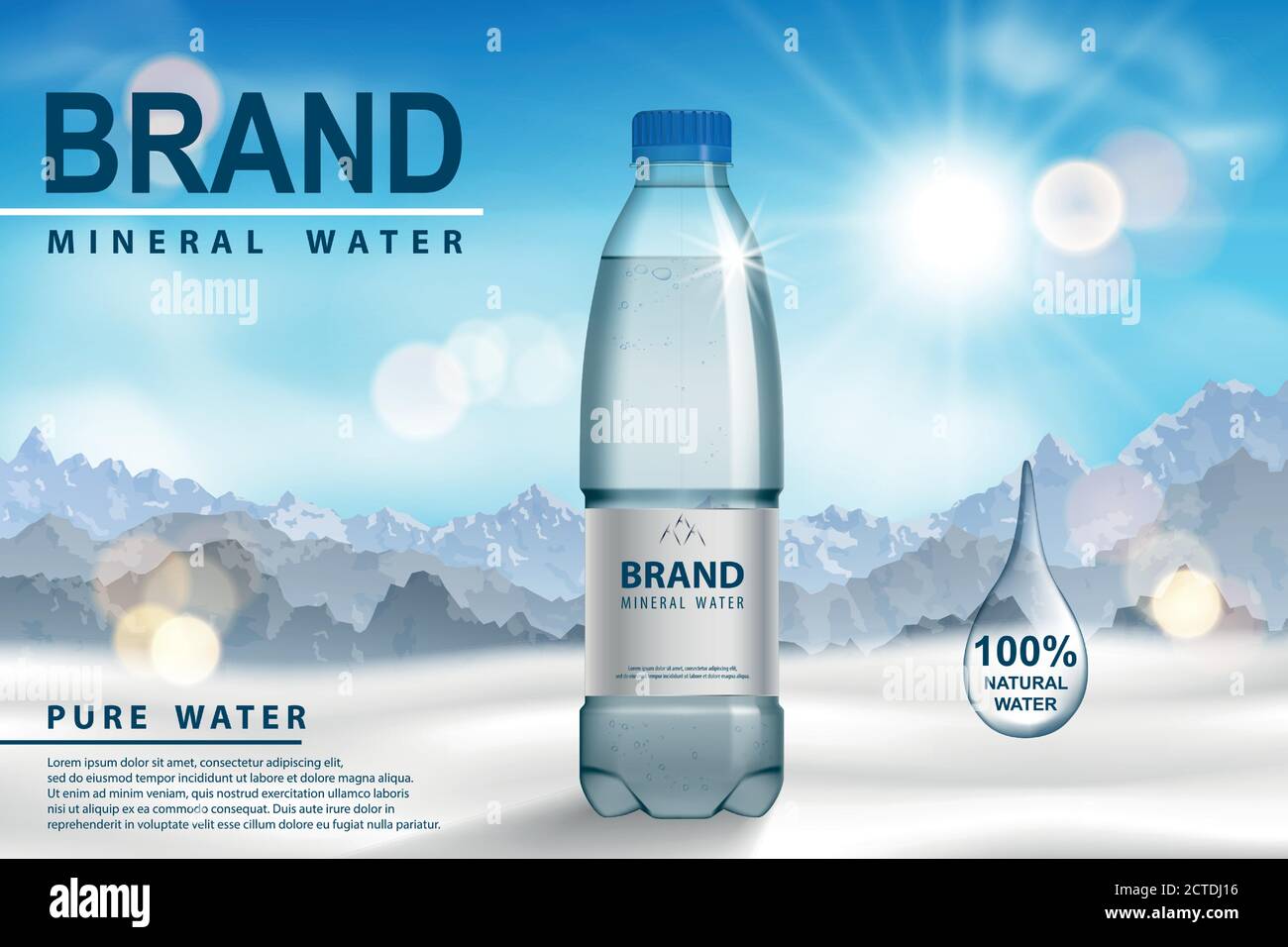 Mineralwasser-Werbung, Plastikflasche auf Schnee mit sonnigem Berghintergrund. Transparentes Trinkwasserkanüle Design. 3d-Vektor Stock Vektor