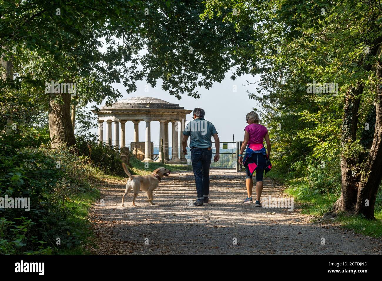 Ein Paar, das mit einem Hund durch einen Wald geht, nähert sich dem Inglis Memorial, einem Wahrzeichen auf dem Colley Hill im Surrey Hills AONB, Großbritannien Stockfoto