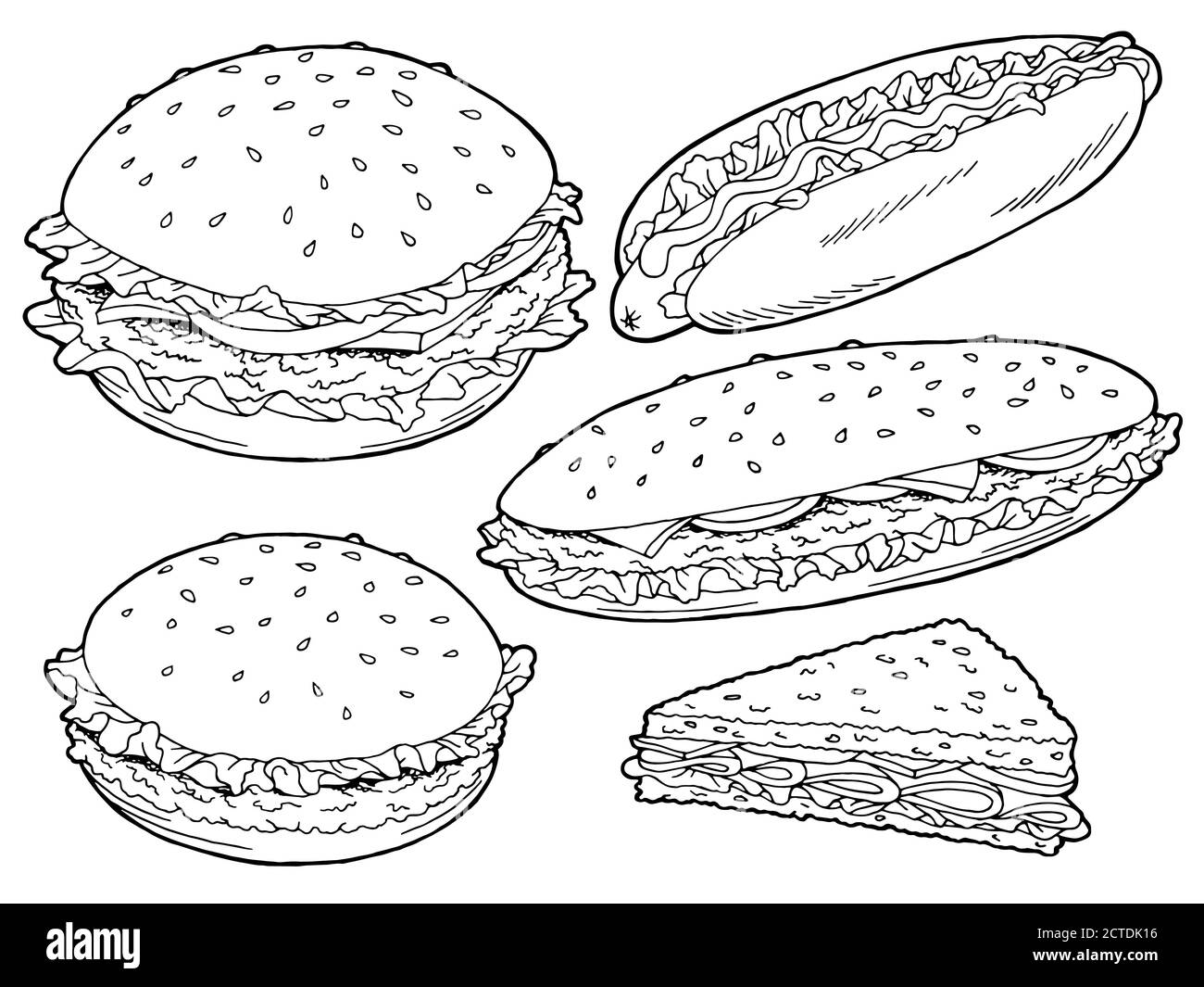 Hamburger Grafik Fast Food schwarz weiß Skizze Satz isolierte Illustration vektor Stock Vektor