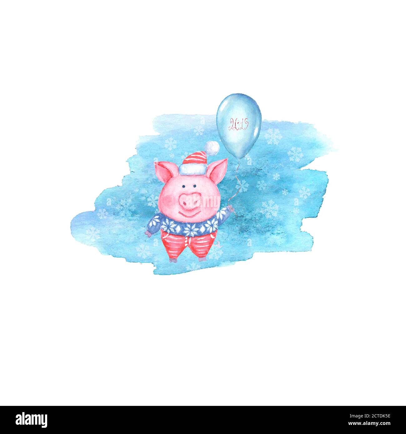 2019 Happy New Year Illustration mit Aquarell Schwein in gestricktem Pullover, Hut und Schal mit Ballon isoliert auf blau teal Schnee Fleck Hintergrund. Kine Stock Vektor