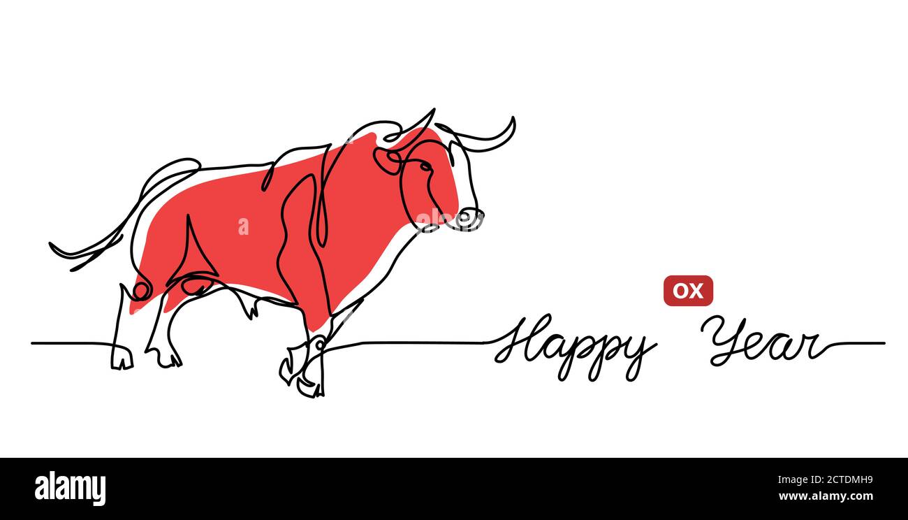 Happy OX Year einfaches Vektor-Banner, Hintergrund. Chinesisches Neujahrs 2021 Konzept mit roter Kuh, Stier. Eine fortlaufende Linienzeichnung mit Text Happy OX Year Stock Vektor