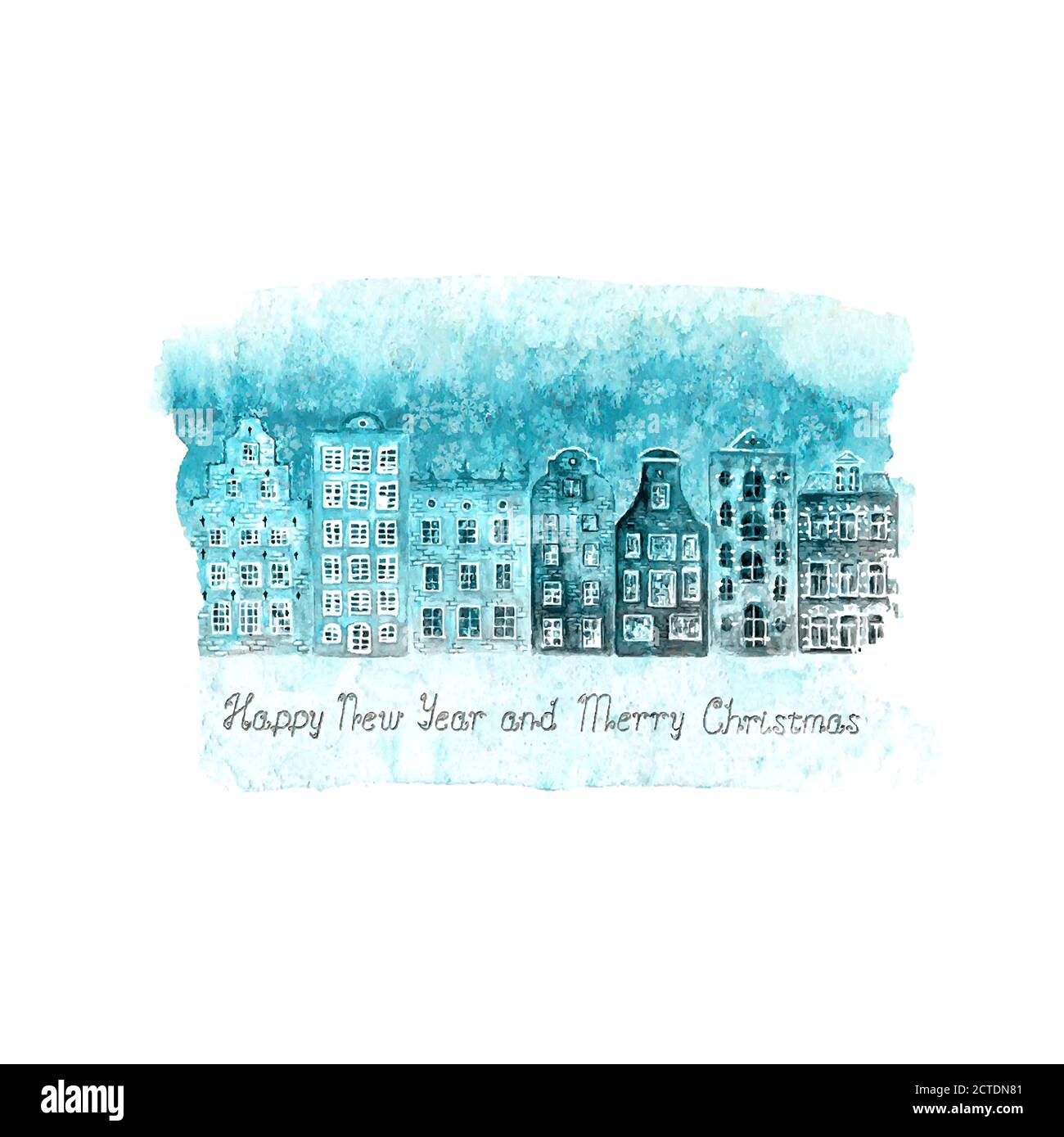 Frohe Weihnachten und Happy New Year Vintage Illustration mit Winter Farbe Aquarell handgezeichnete alte europäische Häuser und Schnee auf Blauer Fleck isoliert ein Stock Vektor