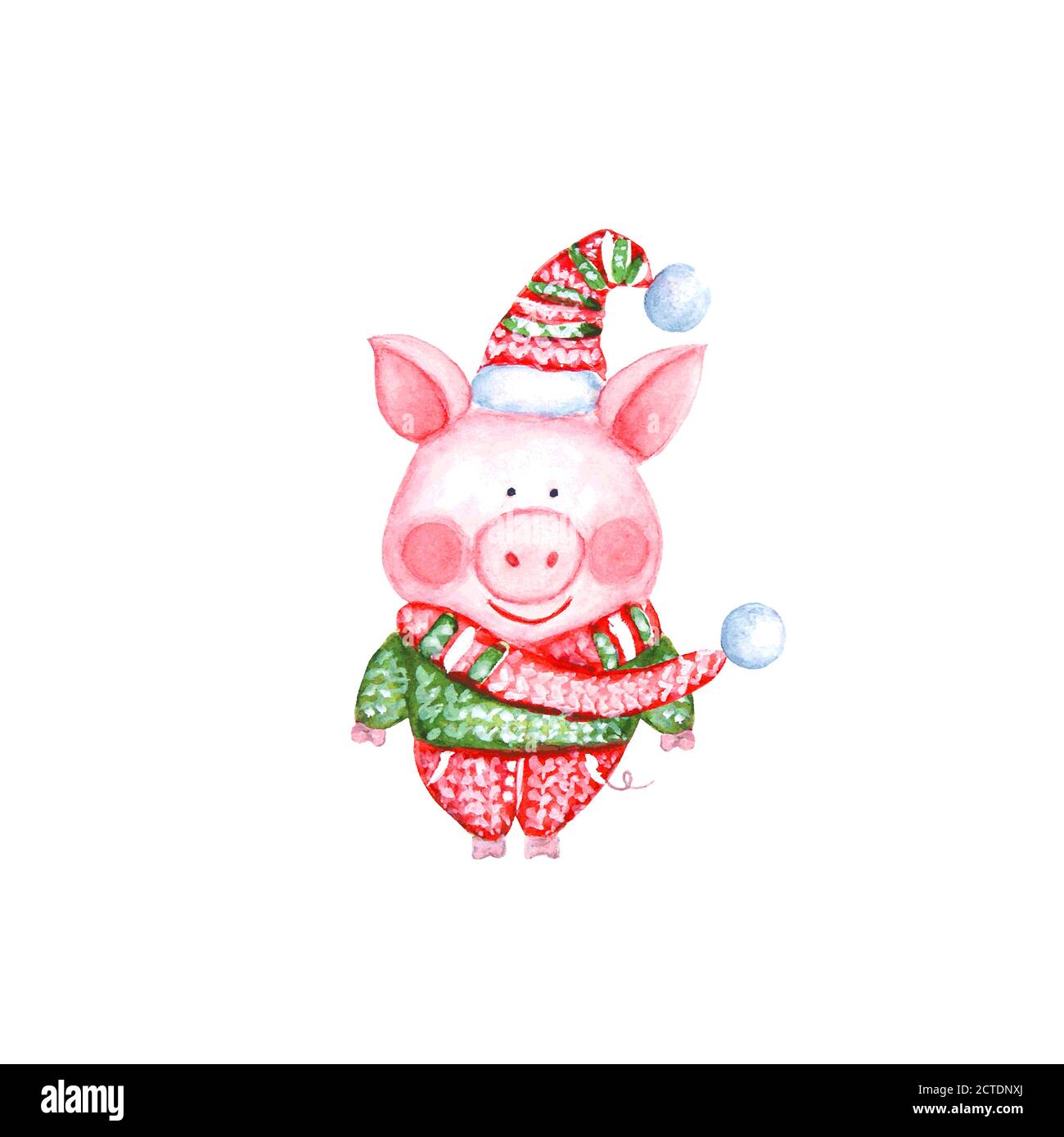 2019 Happy New Year Illustration mit Aquarell Schwein in Strickpullover, Hose, Hut und Schal isoliert auf weißem Hintergrund. Chinesisches Neujahr des Pi Stock Vektor