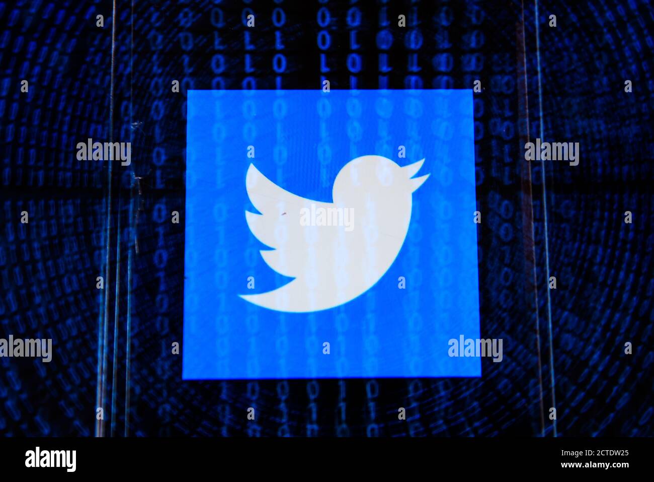 In dieser Abbildung ist ein Twitter-Logo auf einem Smartphone mit Binärcode im Hintergrund zu sehen. Stockfoto