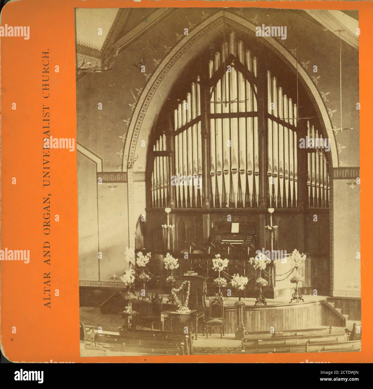 Alter und Orgel, Universalist Church., Interiors, Orgeln, Unitarian Universalist Kirchen, Massachusetts, Worcester (Mass Stockfoto