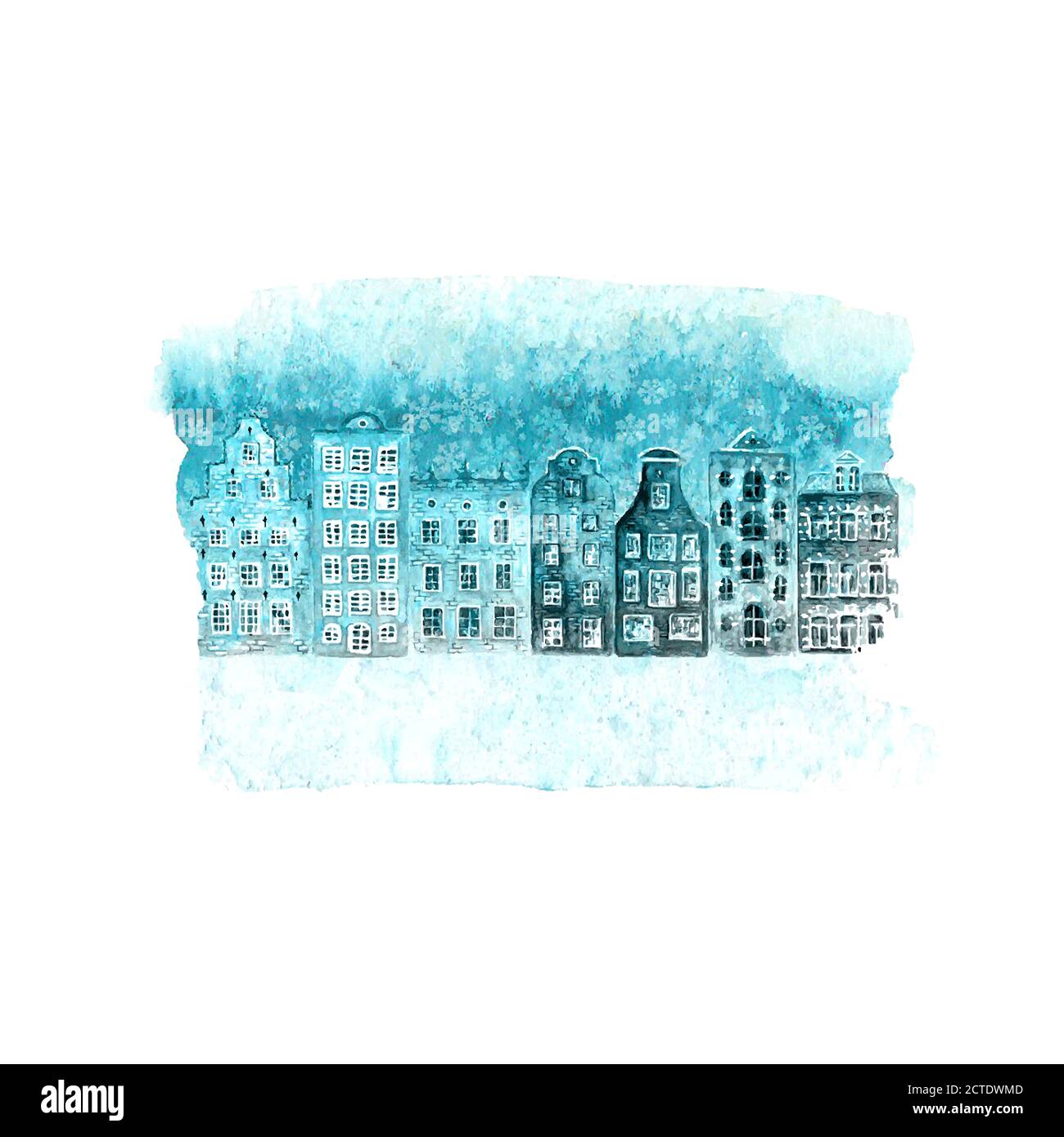Frohes neues Jahr und Weihnachten Illustration mit Winter Aquarell Hand Gezeichnete alte europäische Häuser und Schnee auf blauem blauem Fleck Isoliert auf weißem Hintergrund Stock Vektor