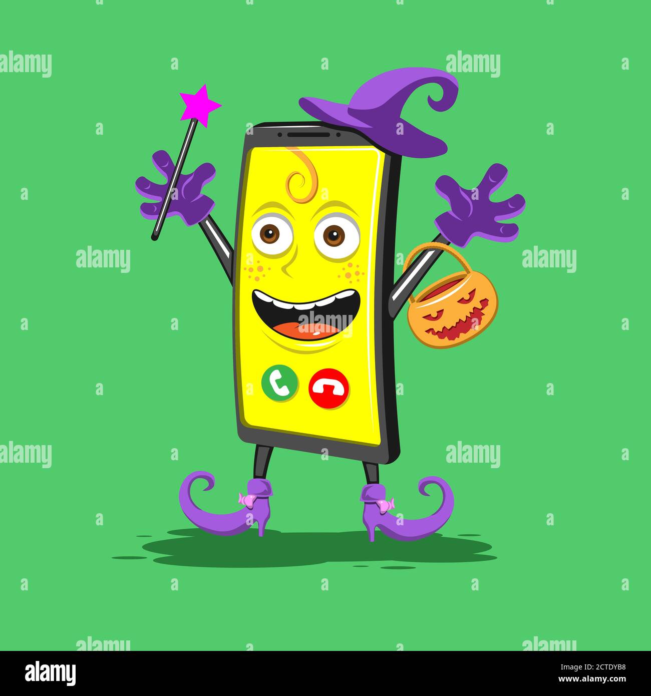 Lustige Cartoon-Smartphone in Stiefel Hut mit Korb für Halloween auf einem grünen Hintergrund. Vektorbild Stock Vektor