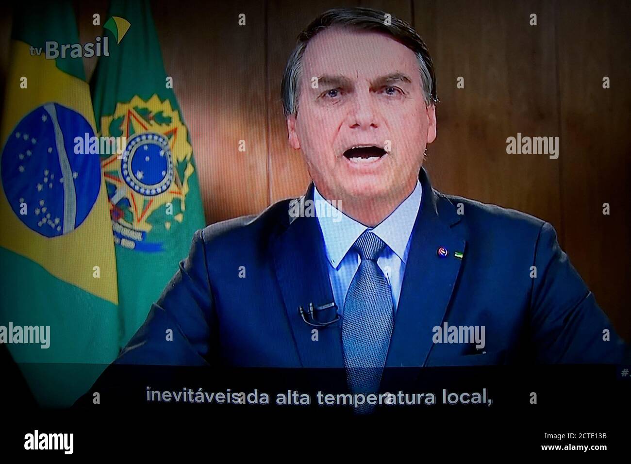 São Paulo (SP), 22/09/2020 -BOLSONARO NA ONU - Jair Bolsonaro, Brasiliens Präsident, spricht während der Generalversammlung der Vereinten Nationen auf einem Laptop-Computer in Hastings auf dem Hudson, New York, USA, am Dienstag, 22. September. 2020. Es gibt eine Desinformationskampagne über den Amazonaswald und den Pantanal, um Brasiliens Image als weltgrößter Nahrungsmittelproduzent zu schädigen, sagte Präsident Bolsonaro. (Foto: Szucinski/Alamy Live News) Stockfoto
