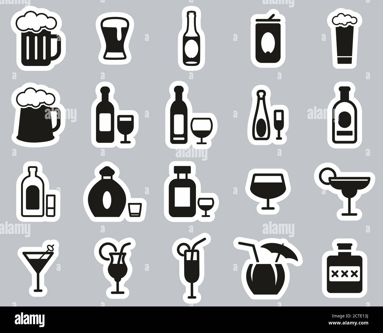 Alkoholische Getränke Icons Schwarz & Weiß Sticker Set Groß Stock Vektor