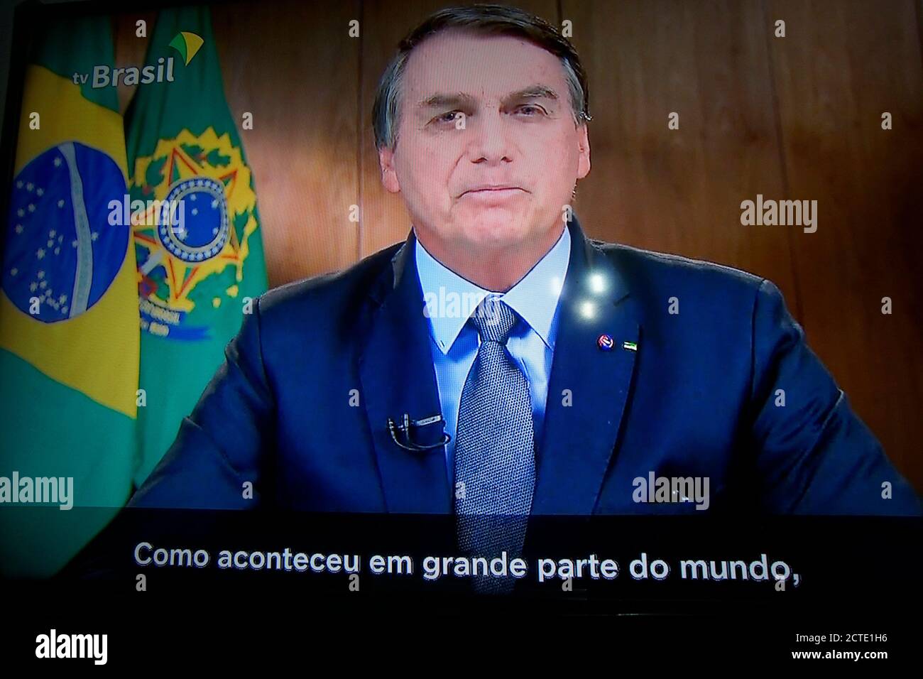 São Paulo (SP), 22/09/2020 -BOLSONARO NA ONU - Jair Bolsonaro, Brasiliens Präsident, spricht während der Generalversammlung der Vereinten Nationen auf einem Laptop-Computer in Hastings auf dem Hudson, New York, USA, am Dienstag, 22. September. 2020. Es gibt eine Desinformationskampagne über den Amazonaswald und den Pantanal, um Brasiliens Image als weltgrößter Nahrungsmittelproduzent zu schädigen, sagte Präsident Bolsonaro. (Foto: Szucinski/Alamy Live News) Stockfoto
