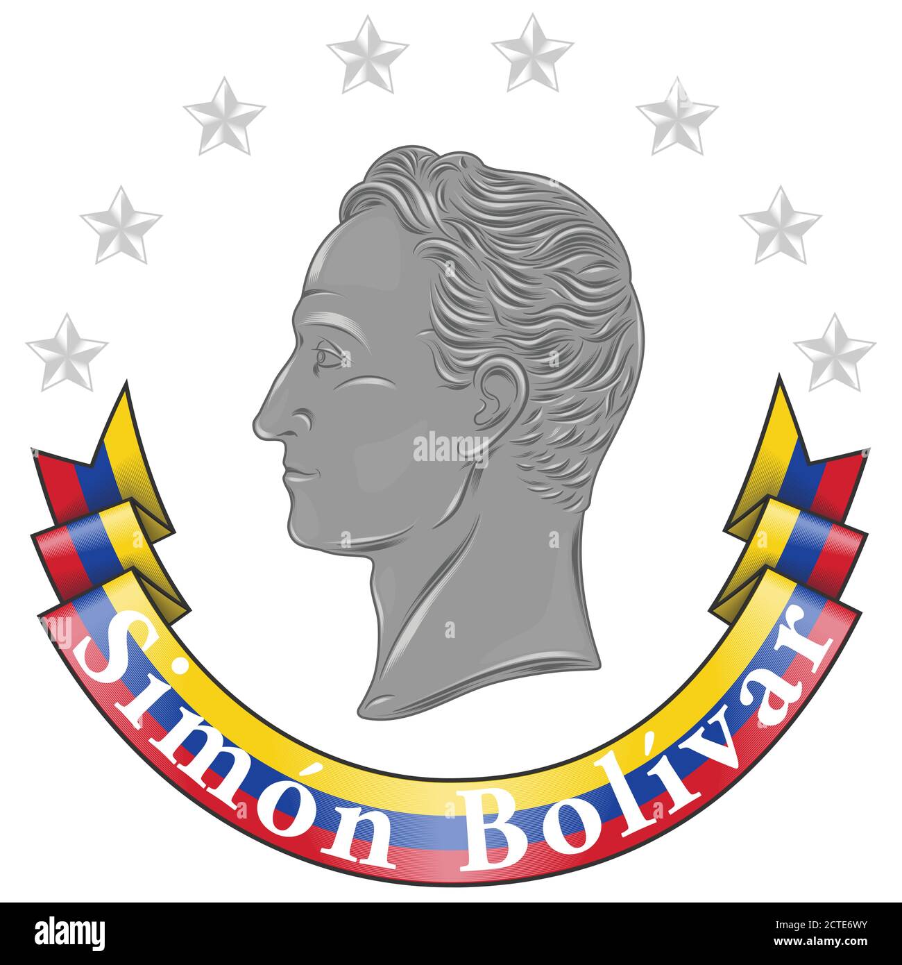 Vektor-Design der Simón Bolívar Liberator von Südamerika, mit Venezuela Flagge mit Sternen, alle auf weißem Hintergrund. Stock Vektor