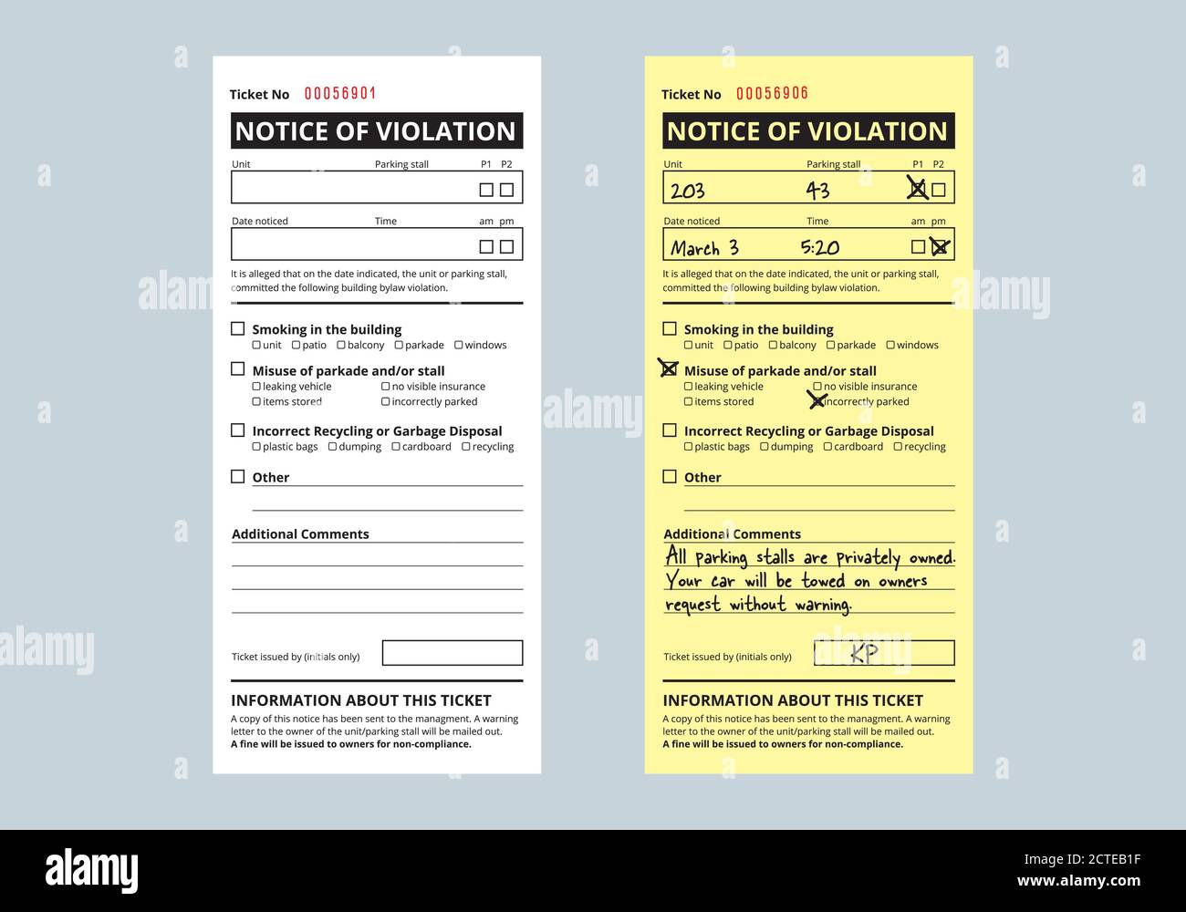 Notice of Violation Ticket für Baugesetze. Verstoß gegen das Gesetz. Strata oder Property Management Tool, um vor Rauchen, Parken und Recycling zu warnen. Stock Vektor