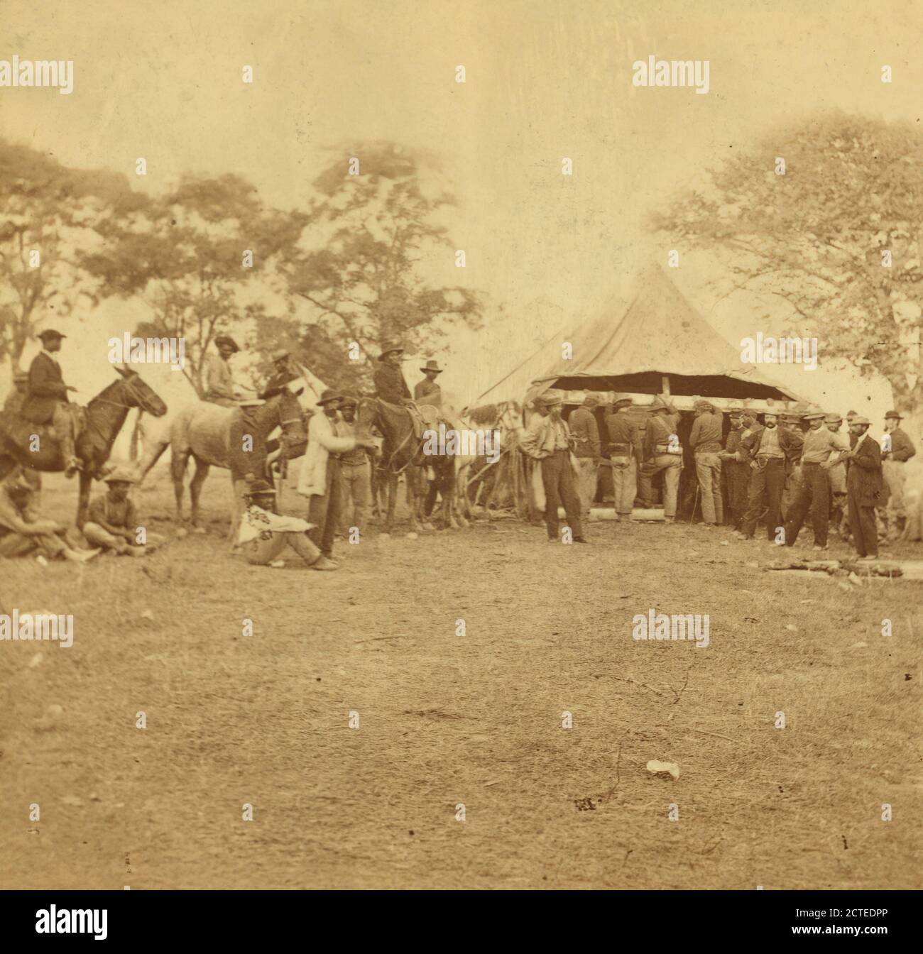 Füllen ihrer Kantinen. Soldaten versammelten sich an einem Brunnen und "Spring House.", Taylor & Huntington, 1861, USA Stockfoto