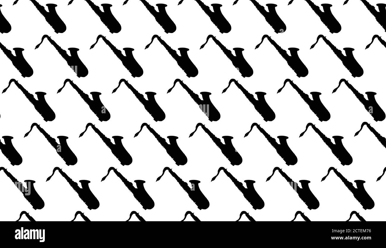 Silhouette einer Gruppe von typischen Saxophonen über einem weißen Hintergrund als nahtloses Muster Stock Vektor