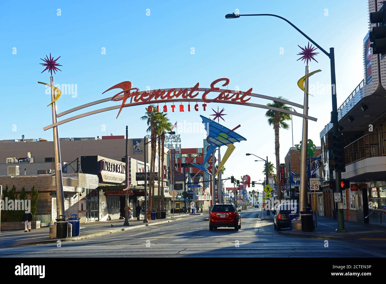 Fremont East District Gateway an der Fremont Street in der Innenstadt von Las Vegas, Nevada, USA. Stockfoto