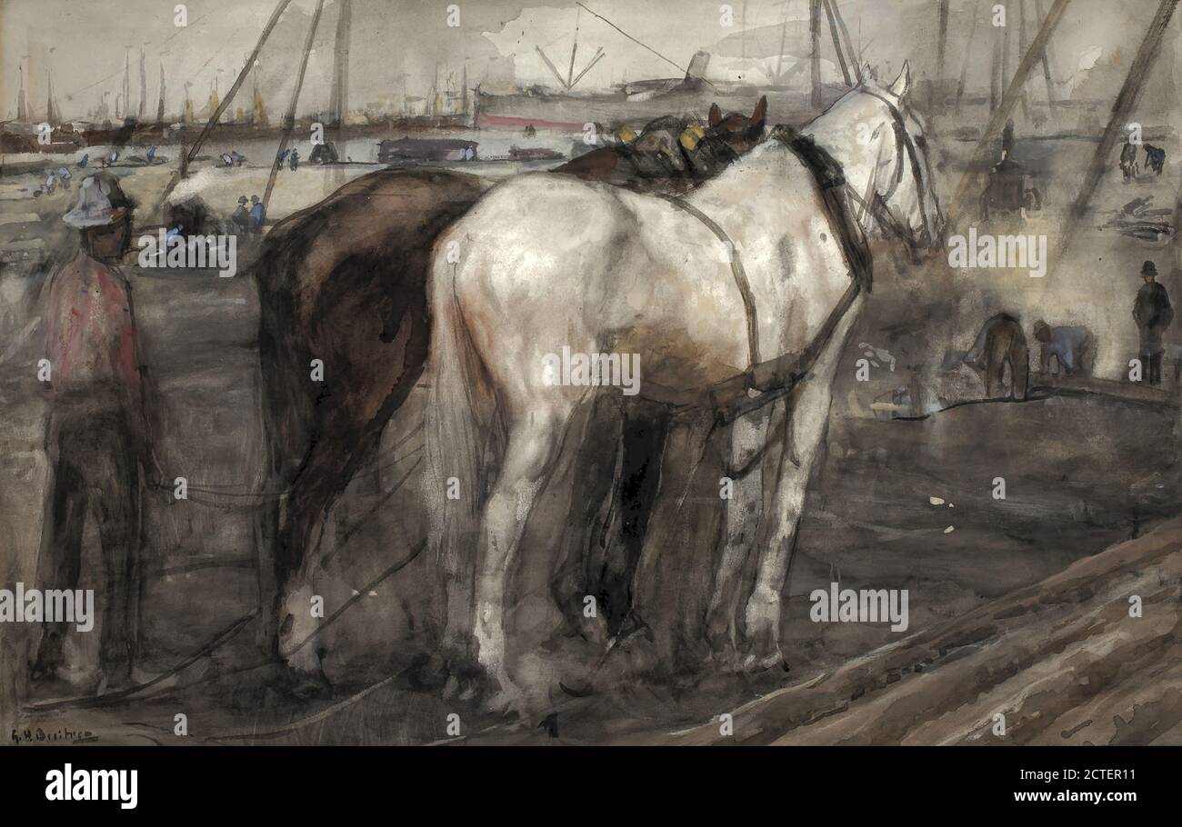 Breitner George Hendrik - Arbeitspferde im Houthaven Amsterdam - Holländische Schule - 19. Jahrhundert Stockfoto