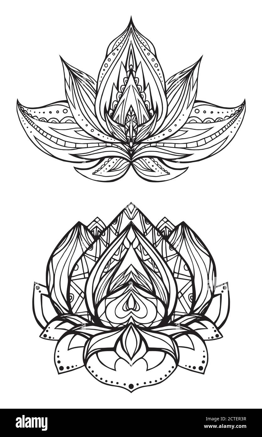Set Lotusblumen mit Boho-Muster. Vektor-Elemente für Skizzen von Tattoos, Bedrucken von T-Shirts, Bezügen und Ihrer Kreativität. Färbung für Erwachsene Stock Vektor