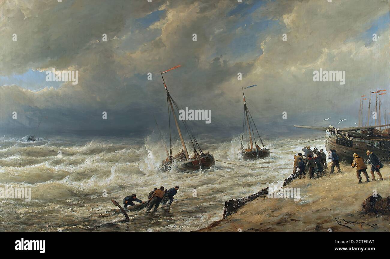 Dommersen Cornelis Christiaan - Fischer in rauen Gewässern - Niederländisch Schule - 19. Jahrhundert Stockfoto